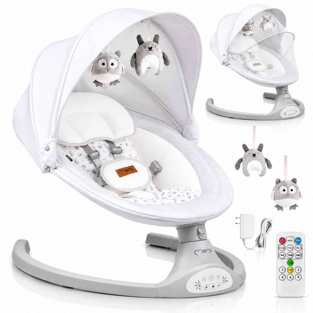 Momi Kenani - balançoire électrique pour bébé - Bluetooth - télécommande - 5 vitesses de balançoire - gris clair