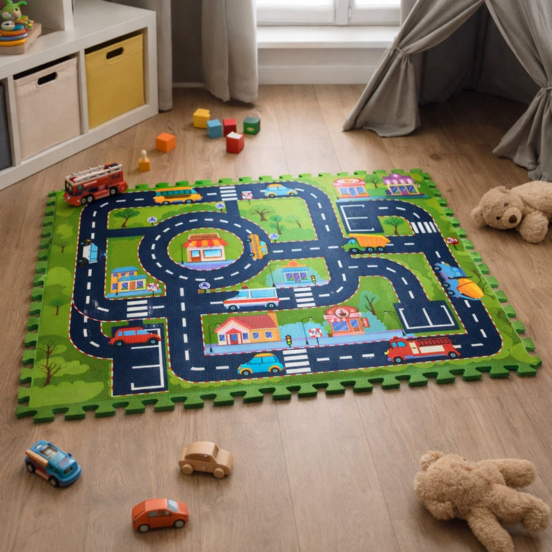 Eddy Toys Puzzle Mat City 12 pièces - Tapis de jeu avec routes et voitures - Tapis de jeu en mousse pour enfants avec carrelage - Tapis de jeu réseau routier pour intérieur - Tapis de sol jouets - 90 x 120 cm