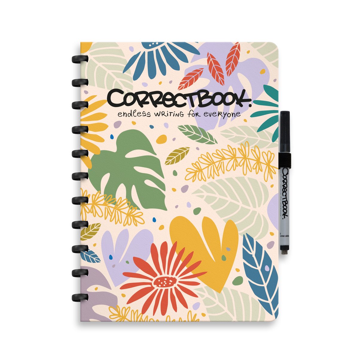 Carnet effaçable Correctbook a4 - beauté botanique - ligné - carnet réutilisable - avec lingette pour stylo - peut être complété par des pages supplémentaires