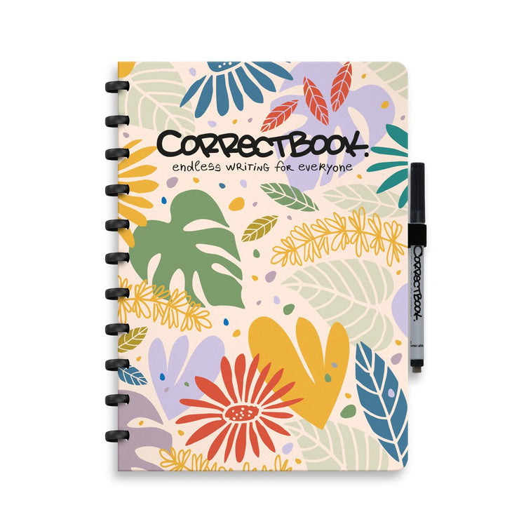 Carnet effaçable Correctbook a4 - beauté botanique - ligné - carnet réutilisable - avec lingette pour stylo - peut être complété par des pages supplémentaires