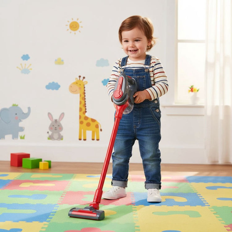 Aspirateur jouet Dirt Devil 3 en 1 - aspirateur balai et aspirateur à main 2 accessoires - fonction d'aspiration fonctionnelle et sons réalistes - pour garçons et filles à partir de 3 ans - gris rouge