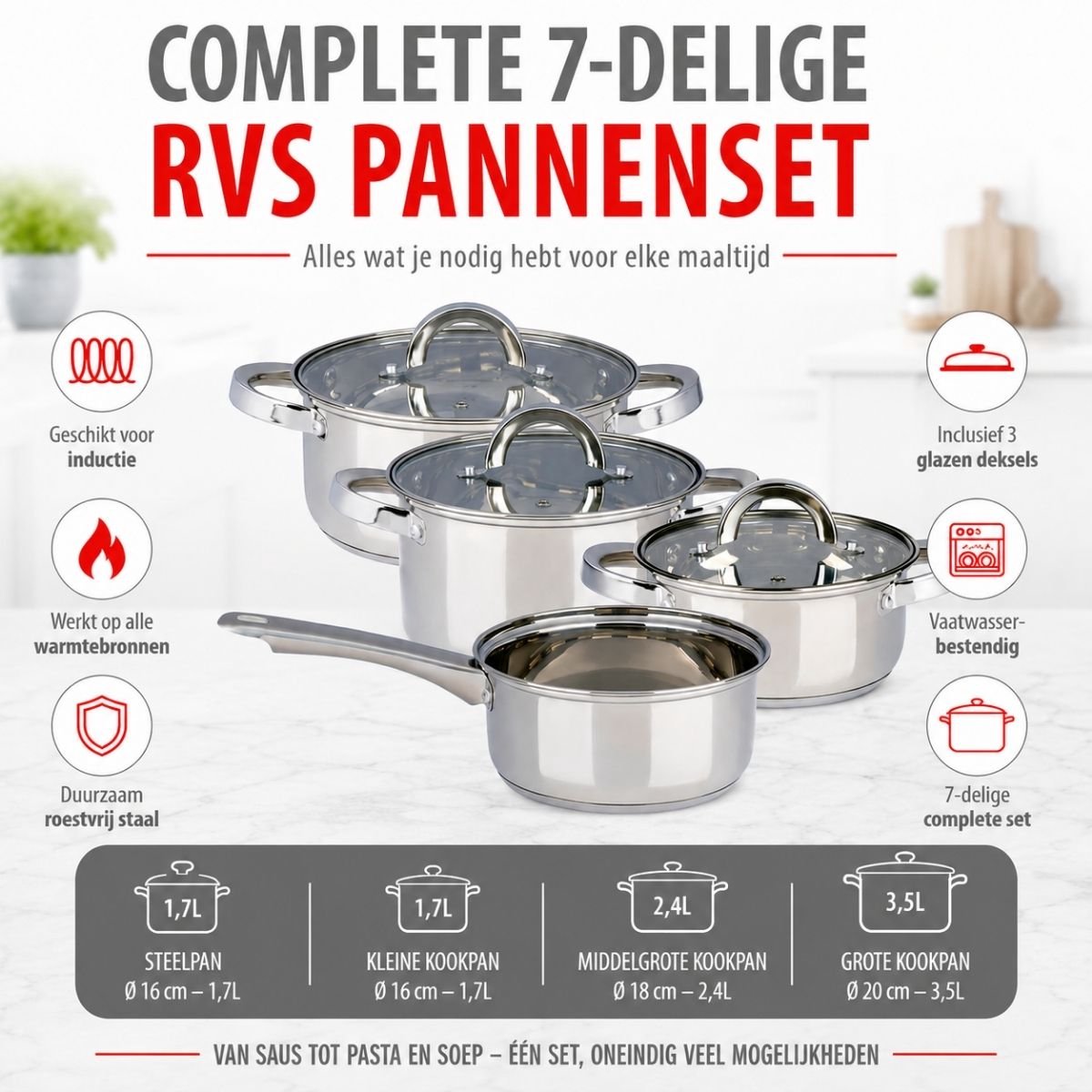 Alpina set de poêles à induction 4 pièces - casseroles en acier inoxydable avec couvercle en verre - set de casseroles adapté à toutes les sources de chaleur - set de casseroles - set de casseroles et poêles