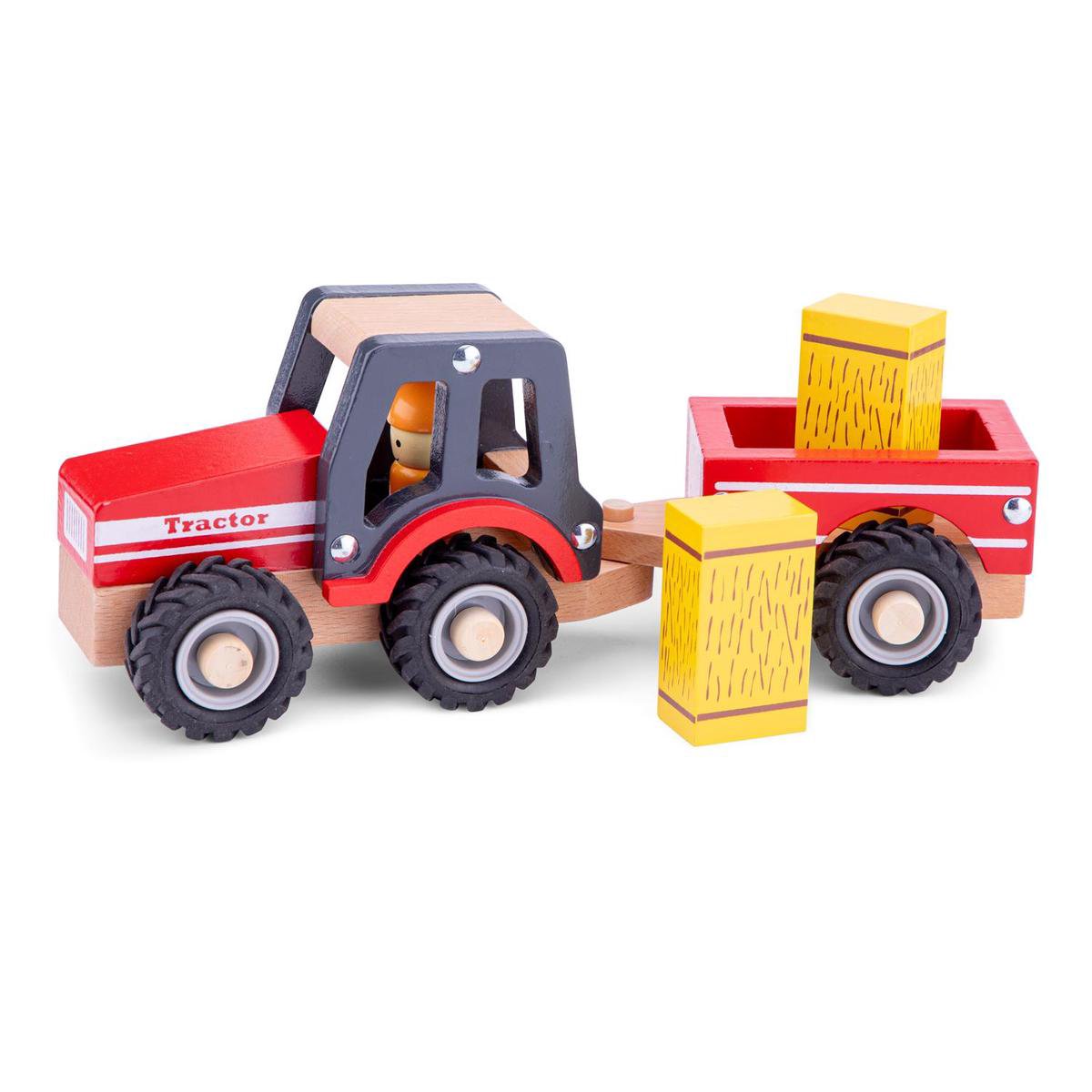 Tracteur en bois Woet ® avec remorque - comprenant 2 balles de foin - rouge - véhicule jouet éducatif - jouets de jeu de rôle - à partir de 18 mois