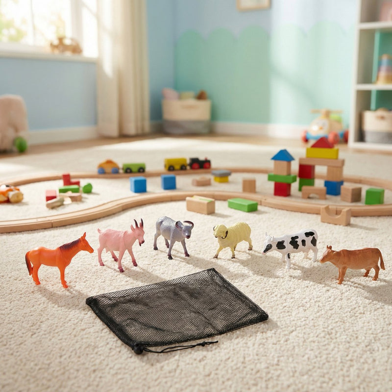 Eddy Toys ensemble de jeu d'animaux de la ferme 6 pièces – ensemble d'animaux avec cheval, vache, mouton, chèvre, bélier et taureau – avec filet de rangement