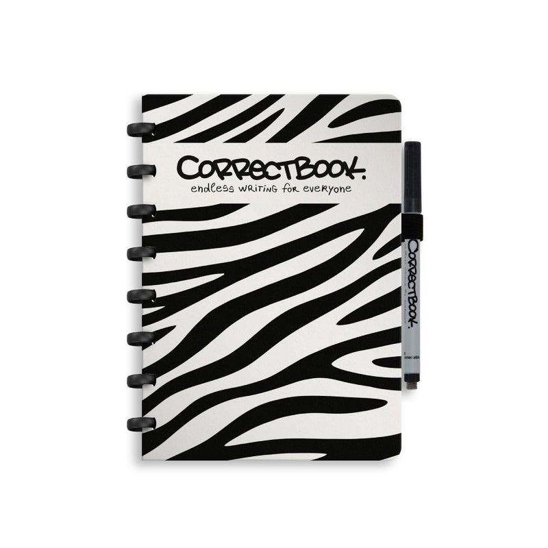 Carnet effaçable Correctbook a5 - bon zèbre - ligné - carnet réutilisable - avec lingette pour stylo - peut être complété par des pages supplémentaires