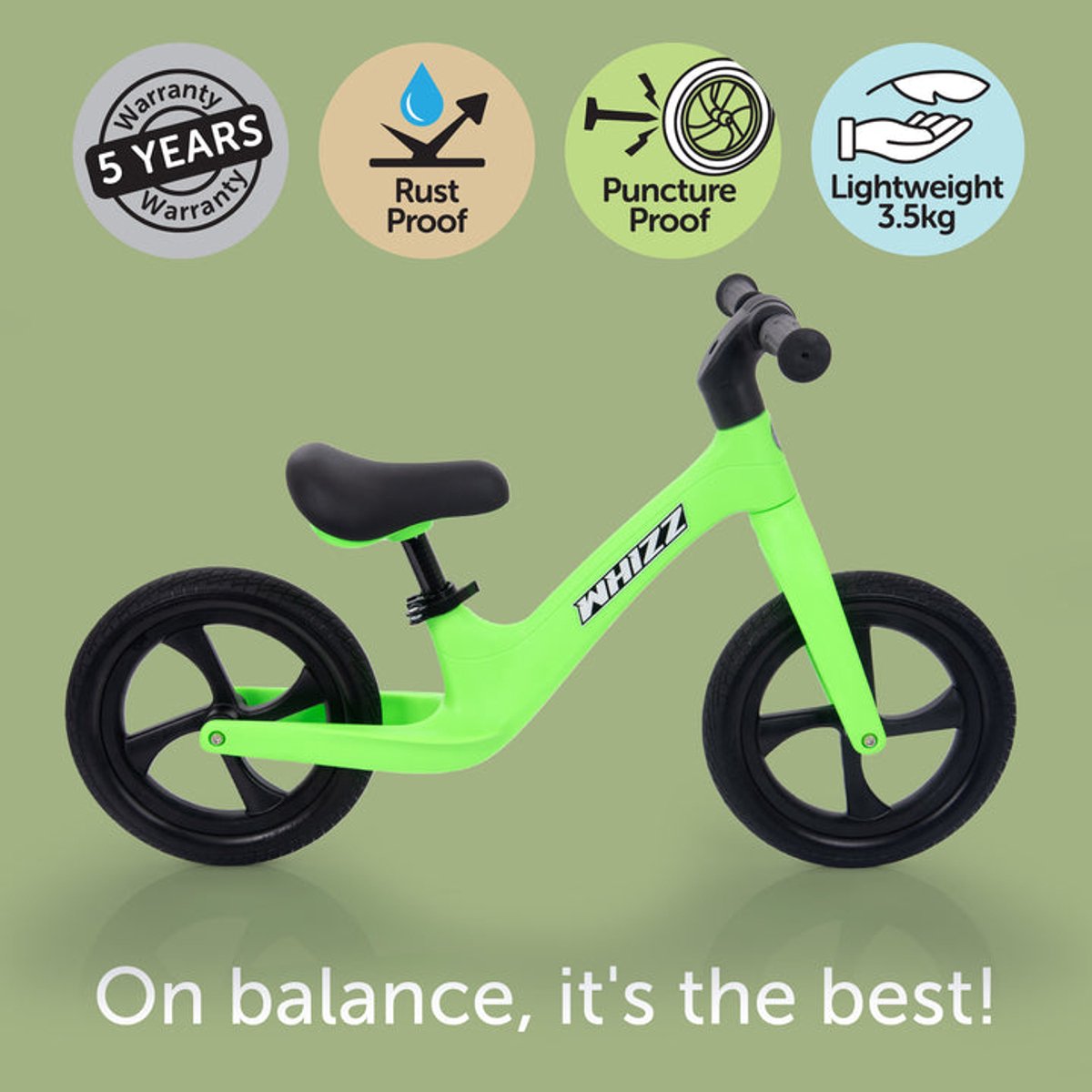 Tickit Balance Bike Wizz Green - Vélo léger pour enfants avec selle réglable.