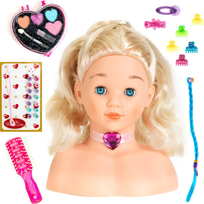Klein toys princesse coralie - tête de bonnet ''petite sophia'' avec maquillage - 22 cm de large - lavable - avec brosse à cheveux, peigne, pinces à cheveux - maquillage testé dermatologiquement