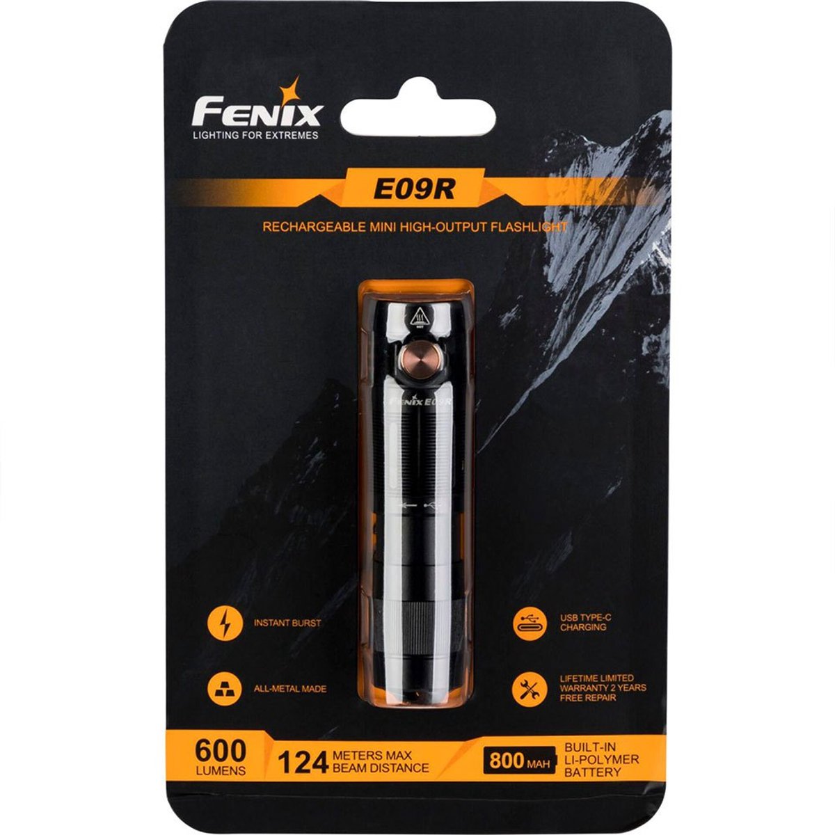 Lampe de poche LED compacte Fenix e09r - rechargeable - 600 lumens - 124 mètres - étanche ip68