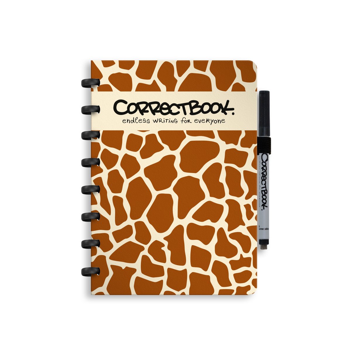 Carnet effaçable Correctbook a5 – girafe curieuse – ligné – carnet réutilisable – avec lingette pour stylo – peut être complété par des pages supplémentaires
