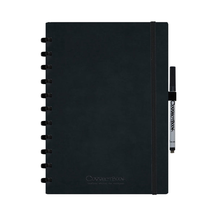 Carnet effaçable Correctbook A4 - couverture rigide en cuir artificiel noir encre - vierge - carnet réutilisable - avec lingette pour stylo - peut être complété par des pages supplémentaires