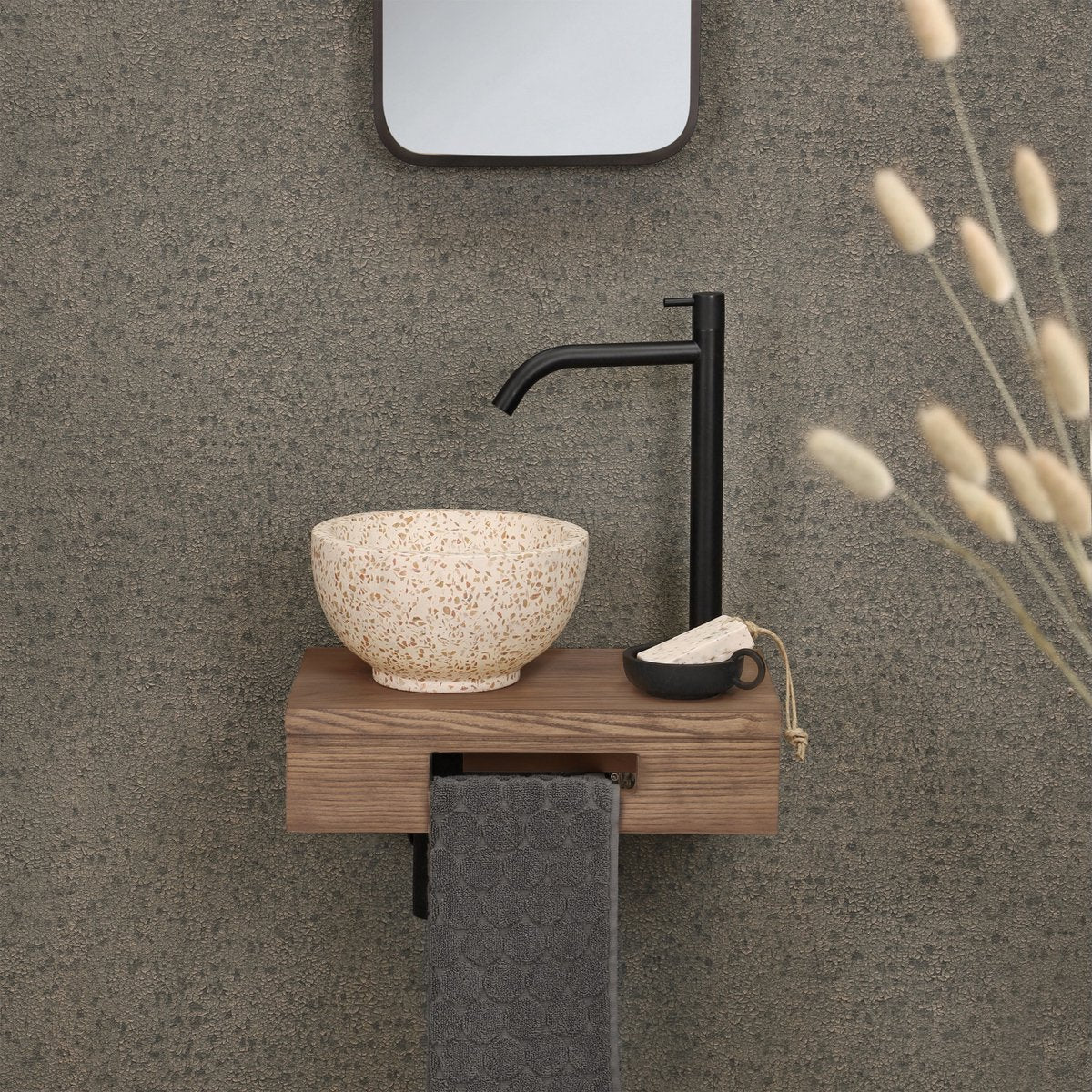 Etagère fontaine Differnz 40x25x10cm rectangle avec porte-serviettes chêne brun