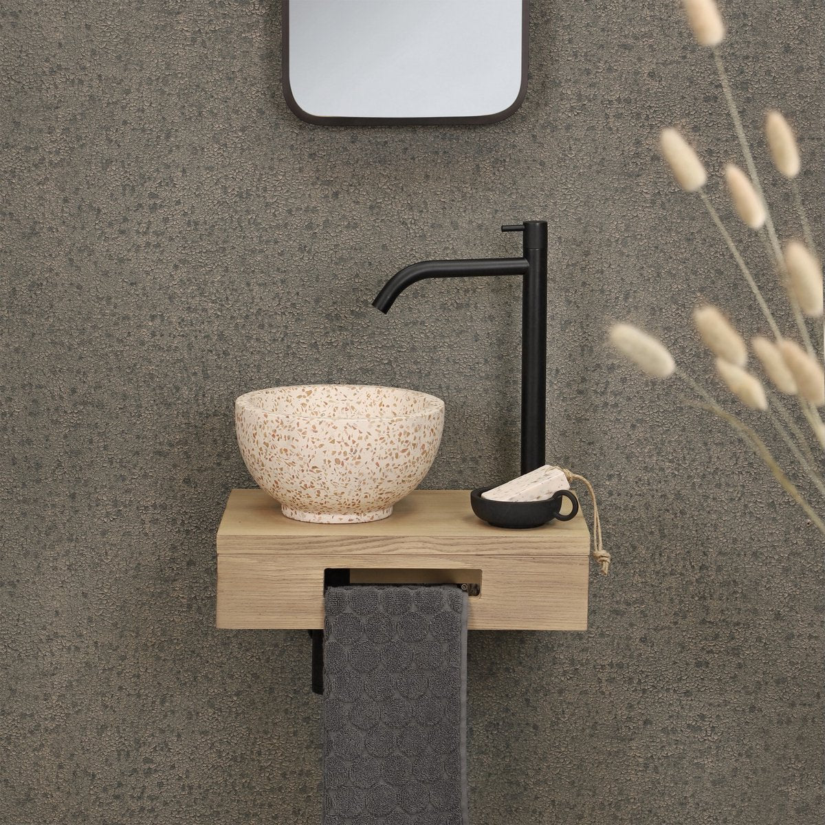 Etagère fontaine Differnz 40x25x10cm rectangle avec porte-serviettes chêne