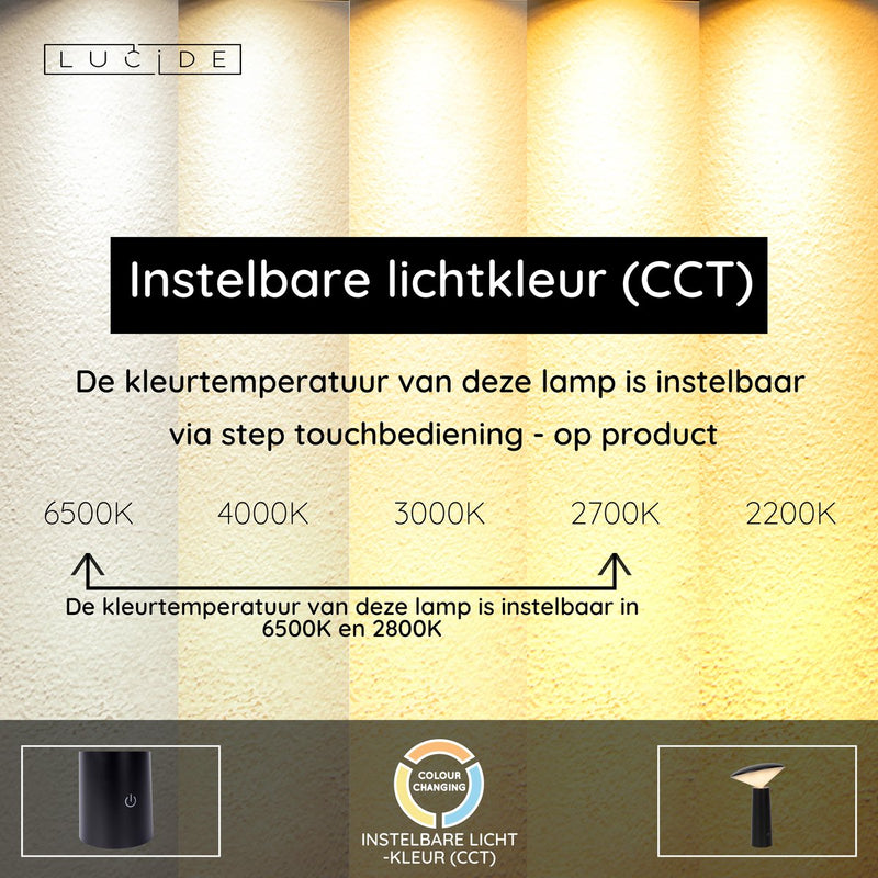 Lucide jive - lampe de table rechargeable intérieur extérieur - batterie rechargeable - ø 13,7 cm - LED dimmable - CCT - 1x3W 2800K 6500K - IP44 - noir