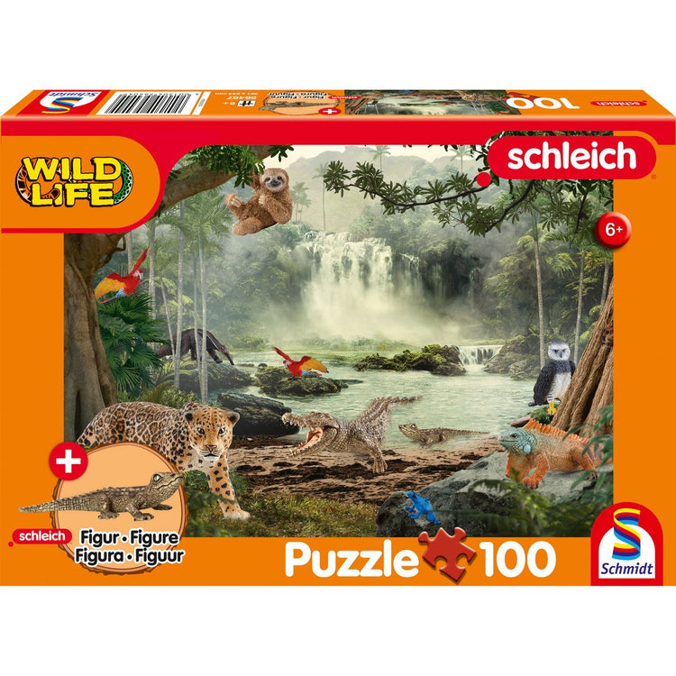 Schmidt - puzzle - vie sauvage dans la forêt tropicale - schleich - 100 pièces + figurine originale - enfants - à partir de 6 ans