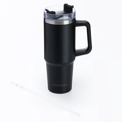 Mug de voyage Muitomas - mug de voyage - double paroi isolée - anse en paille pratique - 900 ml - noir