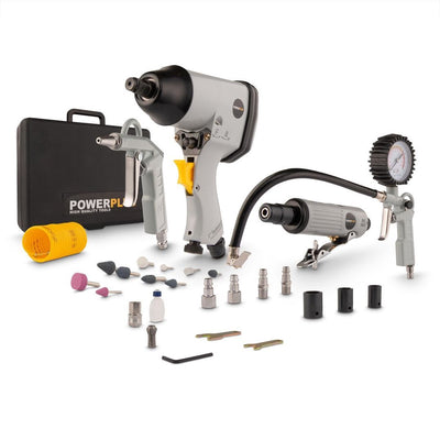 Powerplus powair0021 kit de base pneumatique - 5 pièces - incl. clé, mini meuleuse à broches, pistolet de gonflage des pneus, pistolet à air, tuyau en spirale et 21 accessoires