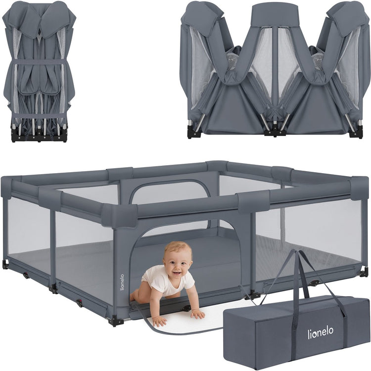Lionelo Florence Easy Fold XL – parc pour bébé au sol 180×200 cm – parc extra grand – pliable rapidement sans assemblage – boîte de jeu avec ouvertures latérales avec fermeture éclair – maille respirante – compact à ranger – avec sac de transport