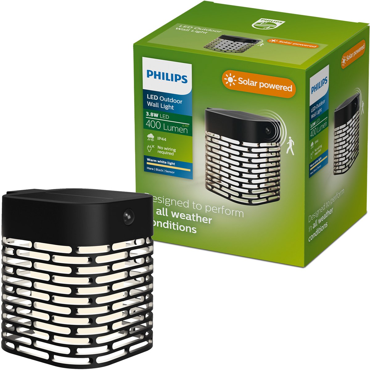 Philips LED Applique solaire Philips Hara - énergie solaire - lumière blanche chaude : 2700k - noir - deux modes d'éclairage - capteur crépusculaire - détecteur de mouvement - IP44 : résistant aux intempéries - éclairage extérieur solaire