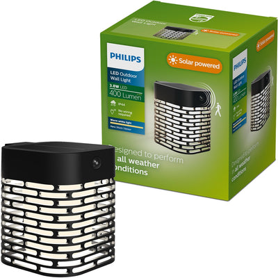 Philips LED Applique solaire Philips Hara - énergie solaire - lumière blanche chaude : 2700k - noir - deux modes d'éclairage - capteur crépusculaire - détecteur de mouvement - IP44 : résistant aux intempéries - éclairage extérieur solaire