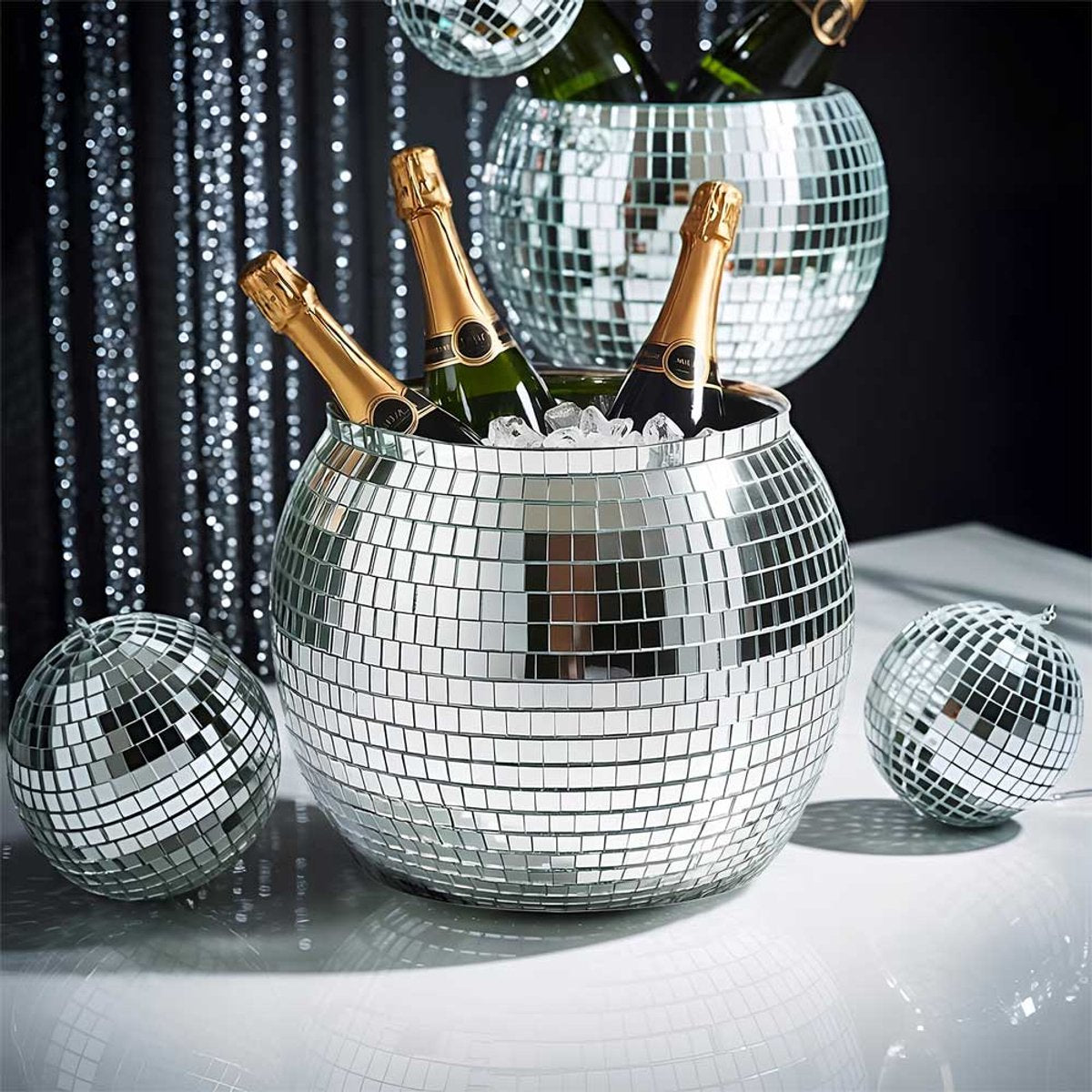 Mikamax seau à glace boule disco argent – xl 11l – ø27,5cm – glacière de fête scintillante – pour vin, boissons gazeuses et glace
