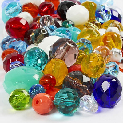 Perles de verre à facettes Creativ Company, taille 3-15 mm, diamètre du trou 0,5-1,5 mm, env. 450 pièces, différentes couleurs, 400 g 1 boîte