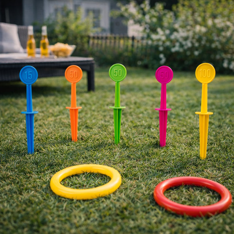 Eddy Toys Jeu de lancer d'anneaux 10 pièces - Jeu de lancer d'anneaux avec score - Jeu de lancer pour l'intérieur et l'extérieur - Jouets de jeu d'extérieur pour enfants - Jeu de lancer d'anneaux Jeu de jardin pour enfants - Ensemble de lancer d'anneaux