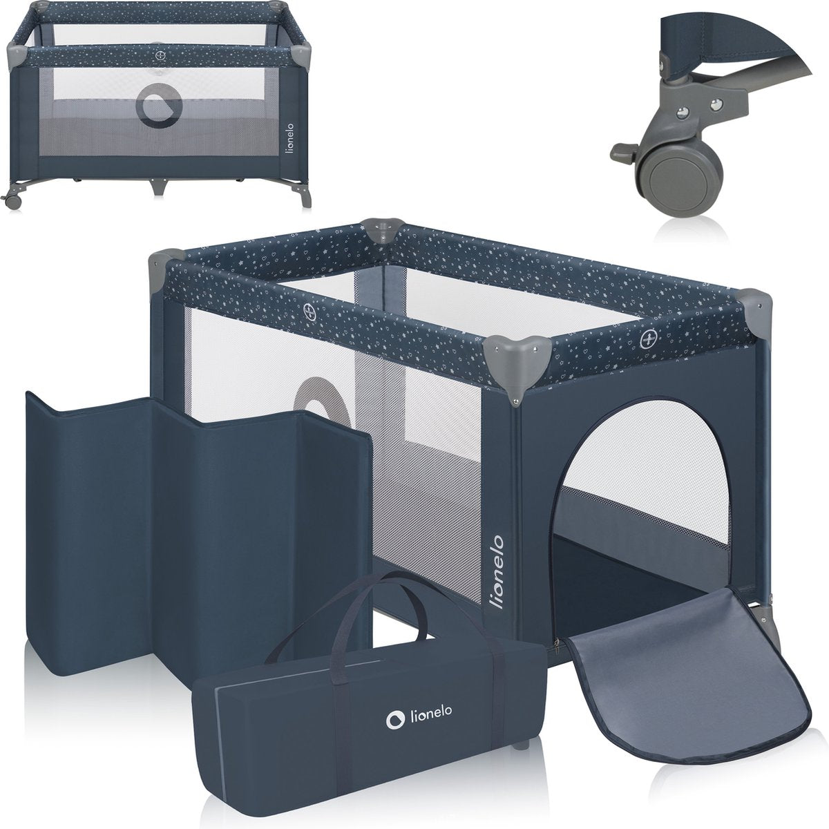 Lit de camping Lionelo 3 en 1 - lit bébé parc pliant lit de voyage - 60x120 cm - 0-36 mois jusqu'à 15 kg - avec matelas confort - entrée latérale avec fermeture éclair - roulettes - sac de transport - lit bébé stefi berceau bébé