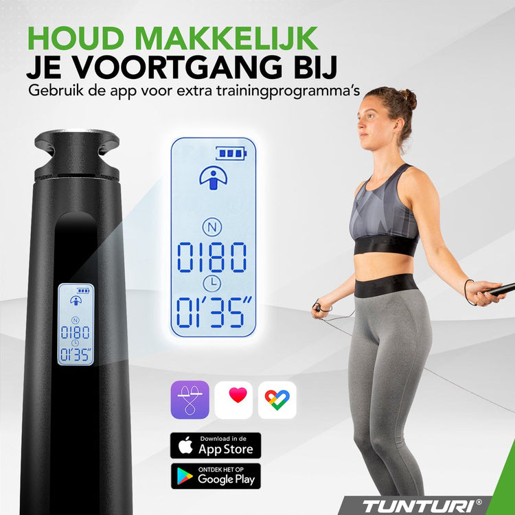Corde à sauter intelligente Tunturi - corde à sauter - pour enfants et adultes - Bluetooth - 4 programmes - réglable - incl. affichage et application