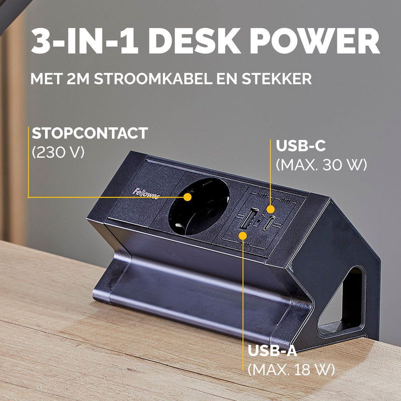 Fellowes ampra power desk – alimentation en saillie pour bureau – 1x prise + USB-A USB-C – pince de bureau 10–45 mm – câble 2 m – 5 ans de garantie