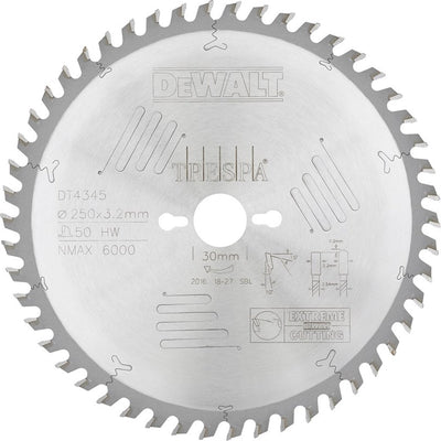 Lame de scie circulaire Dewalt pour hpl | extrême | ø 250mm trou d'axe 30mm 50t - dt4345-qz
