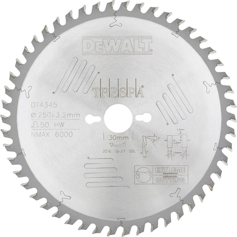 Lame de scie circulaire Dewalt pour hpl | extrême | ø 250mm trou d'axe 30mm 50t - dt4345-qz
