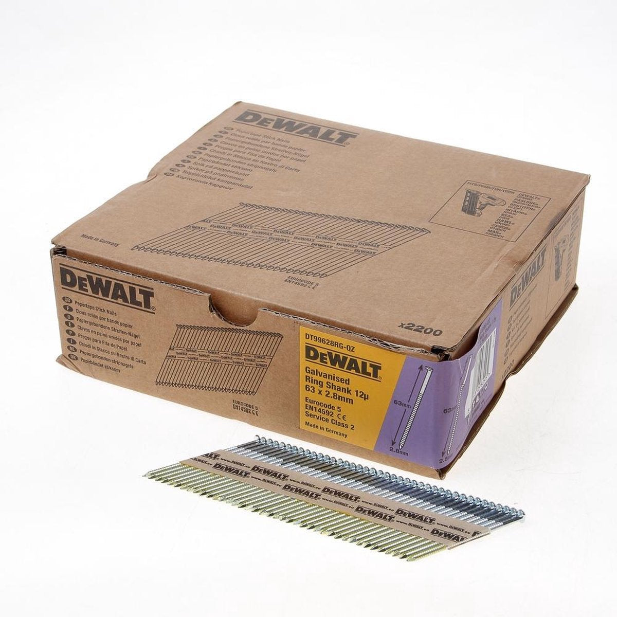 Dewalt dnpt28r63g12z 33º clous liés au papier 2,8x63mm galvanisé annelé ve=2200