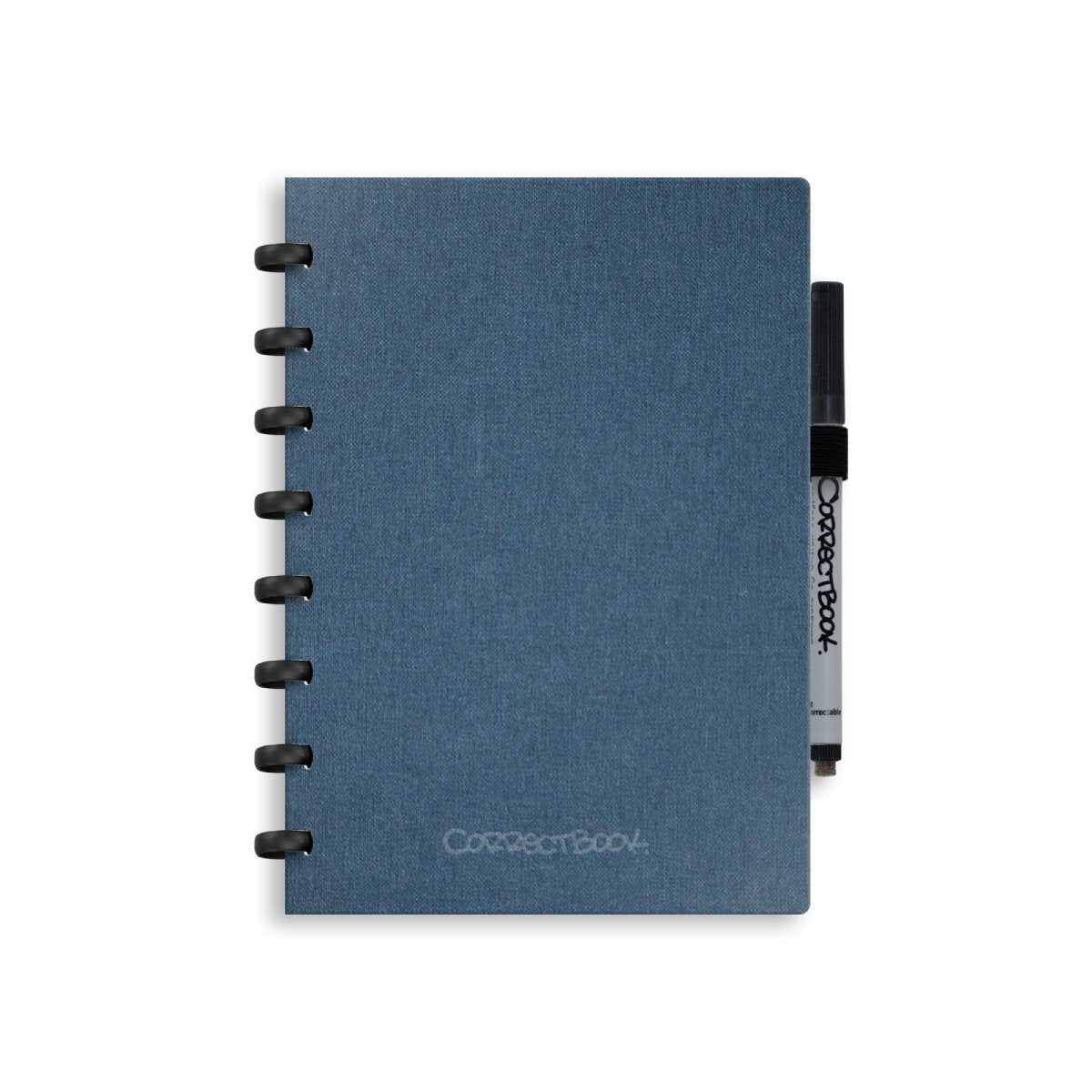 Carnet effaçable Correctbook a5 – couverture rigide en lin – carnet réutilisable – bleu acier – ligné – avec lingette pour stylo – peut être complété par des pages supplémentaires