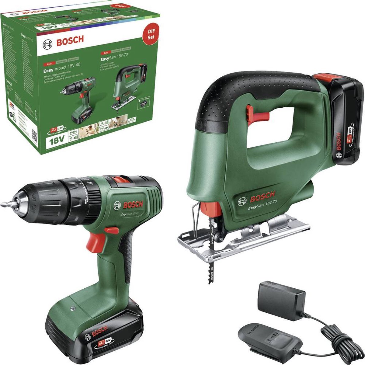 Boîte à outils verte Imp Bosch Easyact 18v-40 + easysaw 18v-70 | 2 batteries 2,0 Ah + chargeur 06039d810a