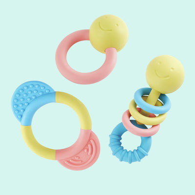 Hape ensemble hochet et anneau de dentition - jouets sensoriels pour bébé à partir de 0 mois, 3 pièces