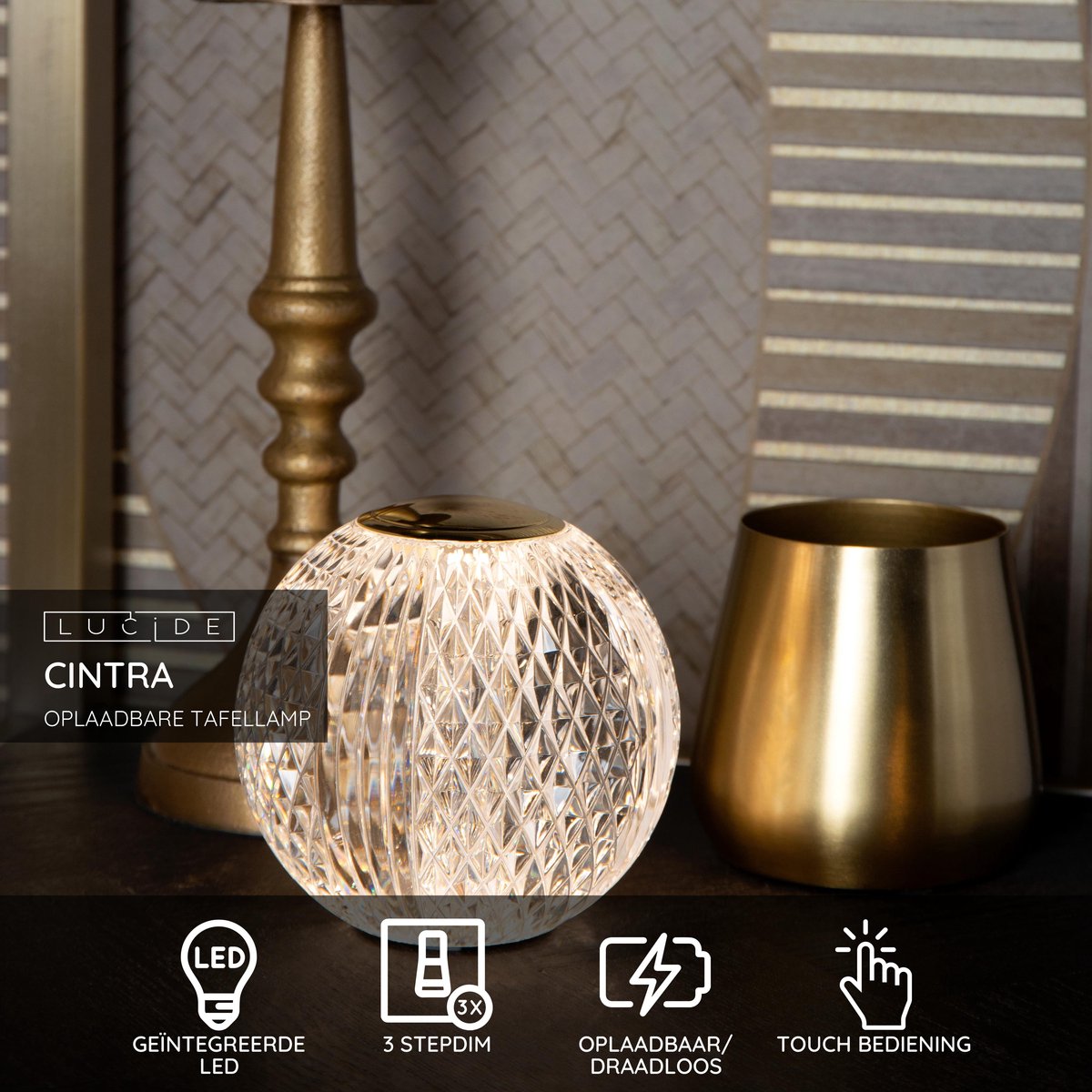 Lucide cintra - lampe de table rechargeable - batterie rechargeable - ø 9 cm - LED 3 stepdim - 1x1,5w 2700k - transparent