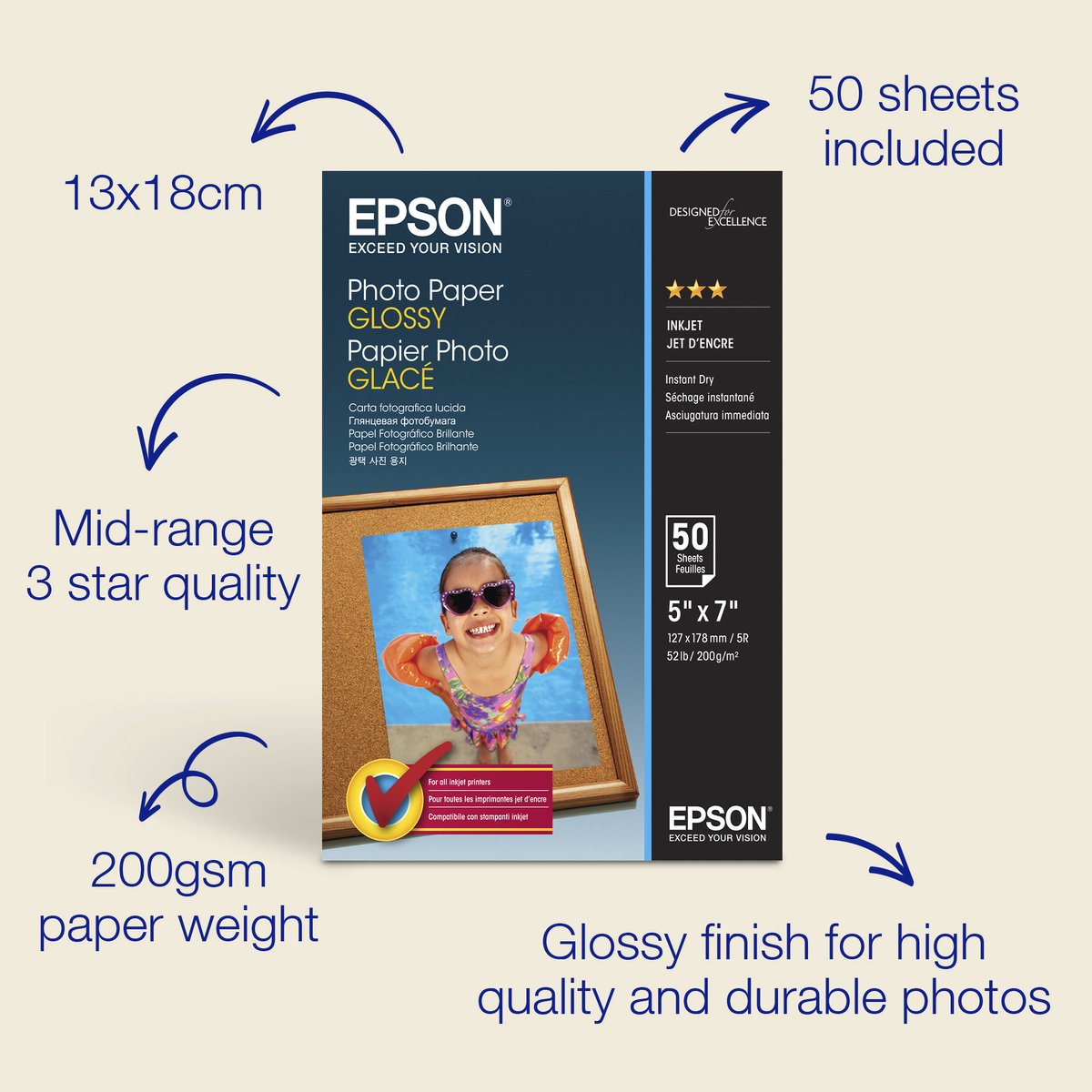 Papier photo Epson brillant - 13x18cm - 50 feuilles