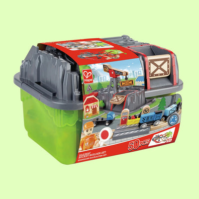 Coffret de train en bois Hape 50 pièces avec seau de rangement - train jouet pour enfants à partir de 3 ans