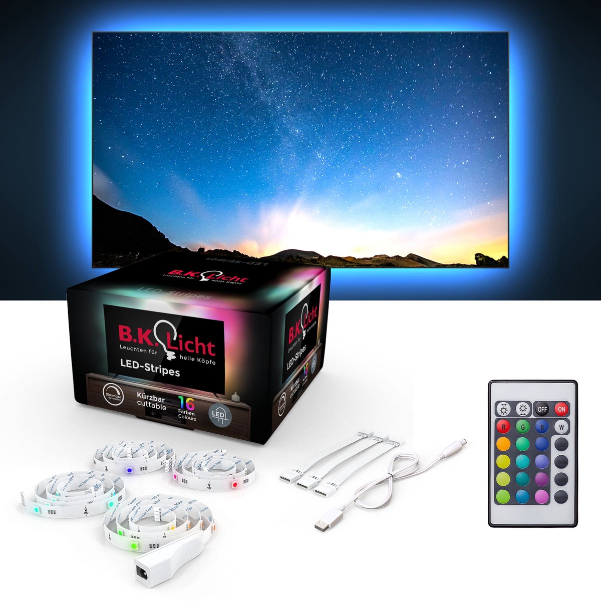 B.K. lumière - Bande LED - 2 mètres - avec RVB - USB de voiture - avec télécommande - autocollante - pour TV PC - accessoires de jeux