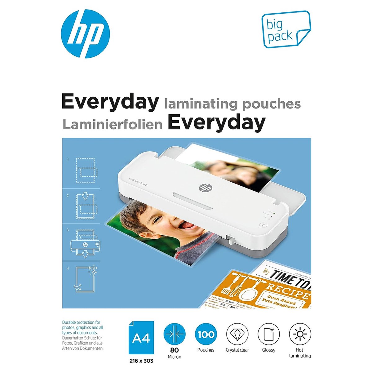 HP 9154 Feuilles de plastification quotidiennes a4 big pack - pochettes de plastification pour plastification à chaud - transparentes - 80 microns - 100 pièces