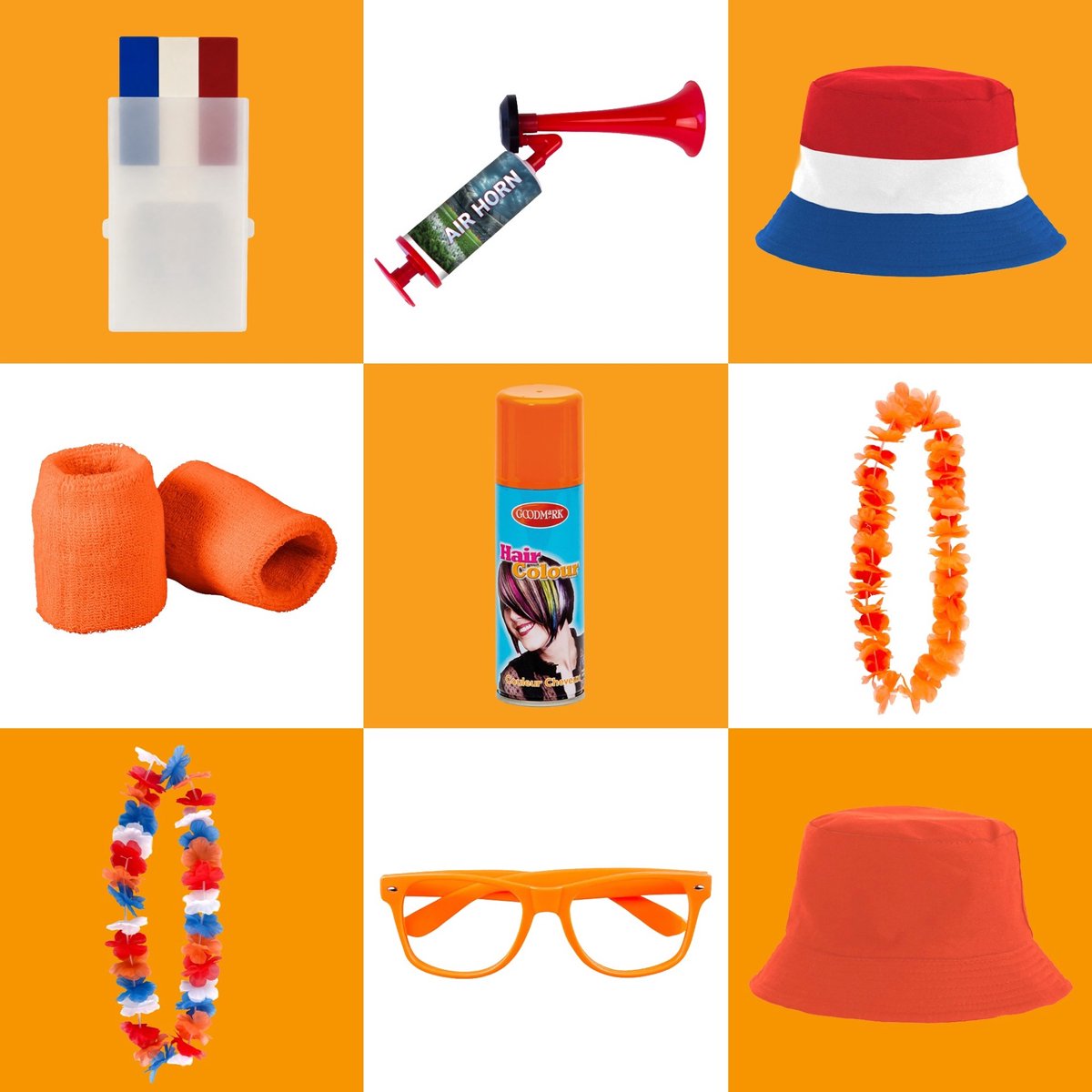 Pack de fête de la Coupe du Monde 3 Pack supporter orange de la Coupe du Monde - peinture pour le visage, laque pour les cheveux, accessoires de fête pour le chapeau