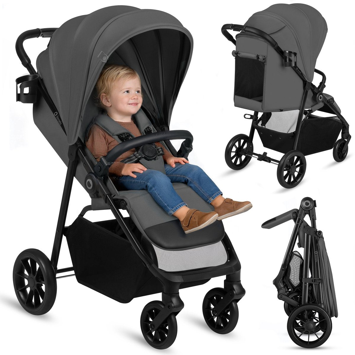 Poussette Lionelo Emerald Buggy - position couchée confortable 91 cm - légère pliable d'une seule main - convient de 6 mois à 4 ans - capote XXL UPF50+ - roues EVA avec suspension - avec porte-gobelet