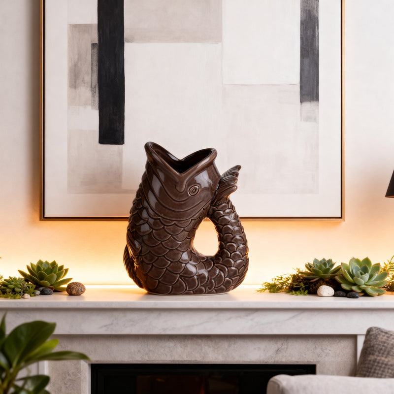 Arti casa Vase décoratif en forme de poisson - Vase marron foncé pour la décoration intérieure - Vase unique pour fleurs ou accessoires de maison - 13,2 x 8 x 16,8 cm
