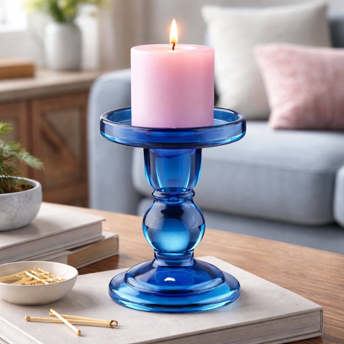 Bougeoir Arti casa pour bougie pilier - bougeoir en verre transparent - ø8,5 x 11 cm - bleu