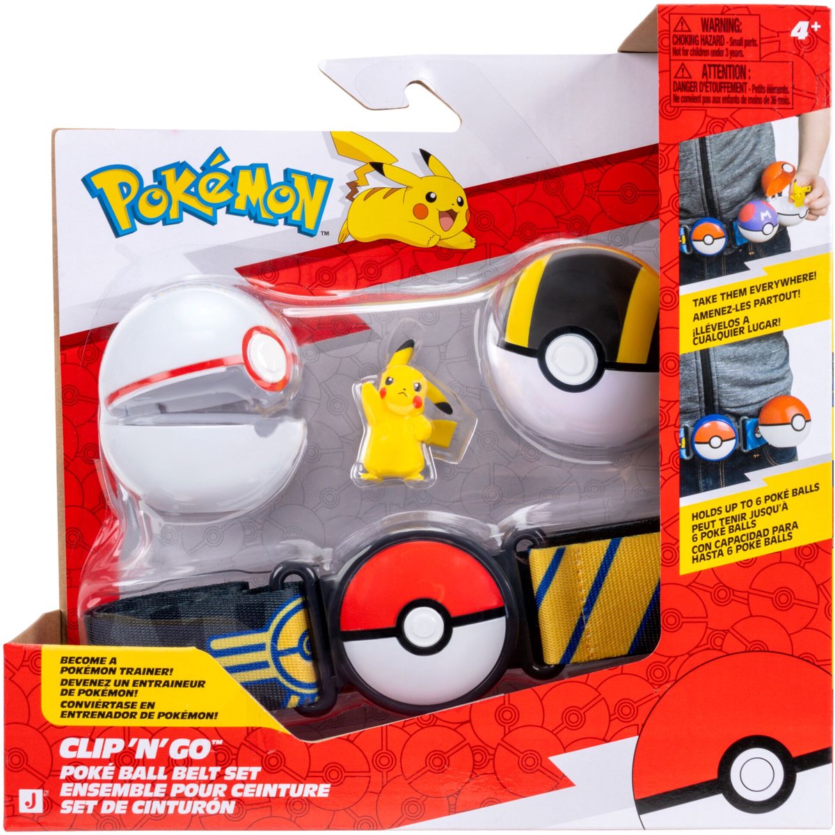 Jazwares pokémon - ensemble de ceintures clip 'n' go poke ball - pikachu #5 avec première balle, ceinture à thème de type électrique ultra balle