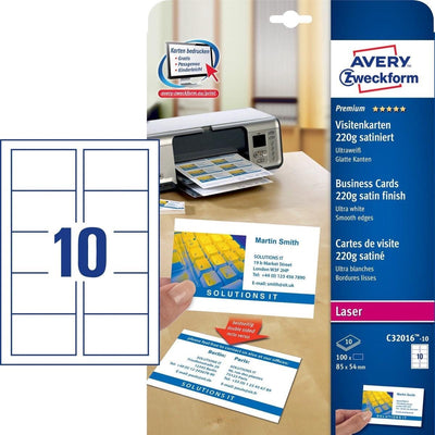 Cartes de visite Avery 85x54mm 220gr blanc 10 feuilles 10 cartes par feuille av-c32016-10