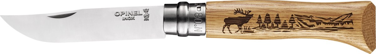 Opinel - couteau de poche - non. 08 - cerf gravé - acier inoxydable - bois