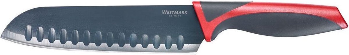 Couteau de cuisine Westmark Santoku knife, longueur de lame 17 cm, lame large avec fossettes, avec protège-lame, plastique acier inoxydable, rouge anthracite, 14562270