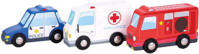 Coffret de véhicules en bois Woet ® - 3 voitures jouets - police, pompiers et ambulance - véhicules de service d'urgence jouets - à partir de 18 mois
