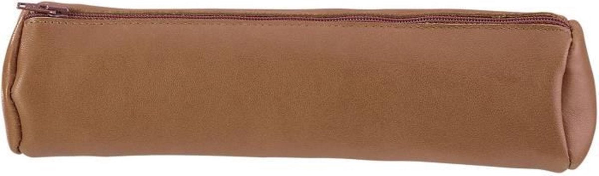 Trousse à stylo Oxford 22x6cm cuir ronde marron caramel
